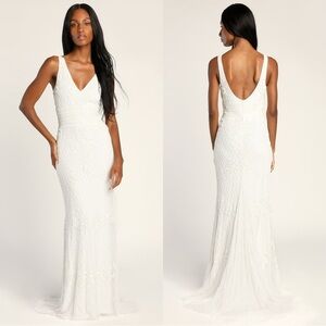Size L - Lulus Simple Romance White Beaded‎ Sequin Mermaid Maxi Dress
